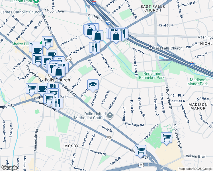 map of restaurants, bars, coffee shops, grocery stores, and more near 410 East Columbia Street in Falls Church