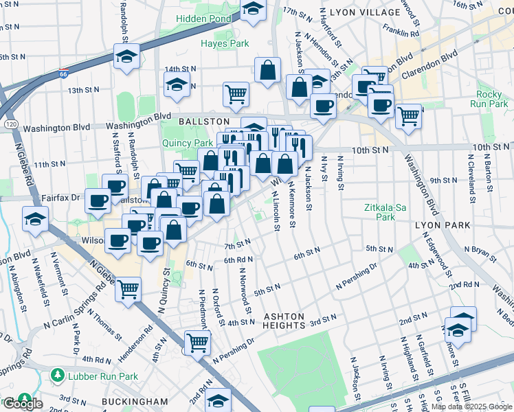 map of restaurants, bars, coffee shops, grocery stores, and more near 3550 Wilson Boulevard in Arlington