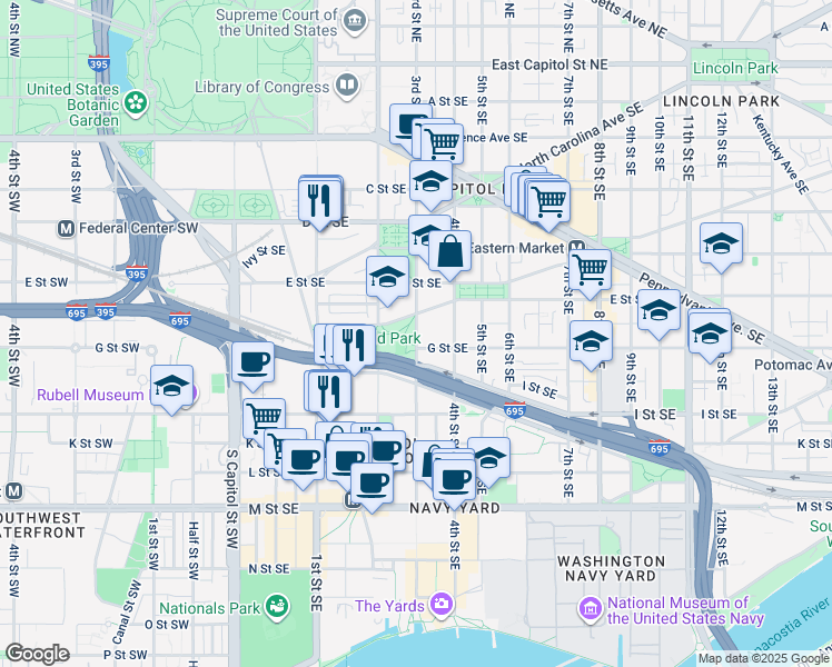 map of restaurants, bars, coffee shops, grocery stores, and more near 3rd Street Southeast in Washington