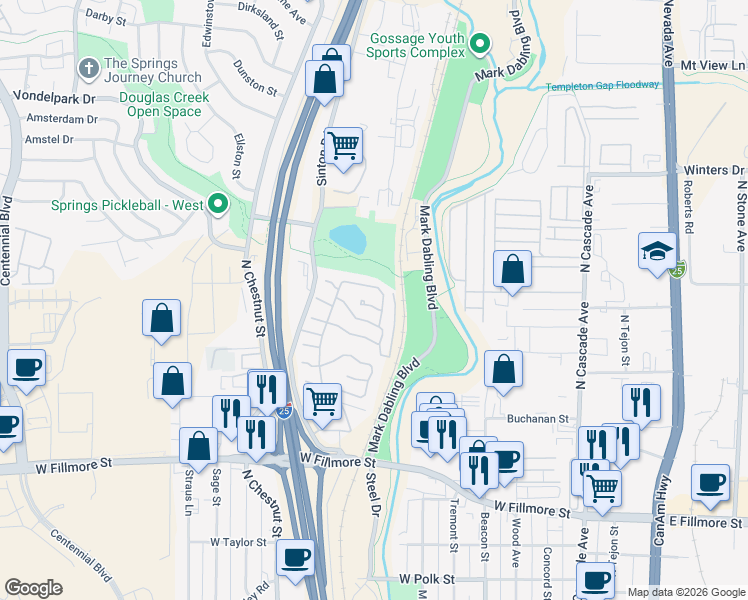 map of restaurants, bars, coffee shops, grocery stores, and more near 196 N Street in Colorado Springs