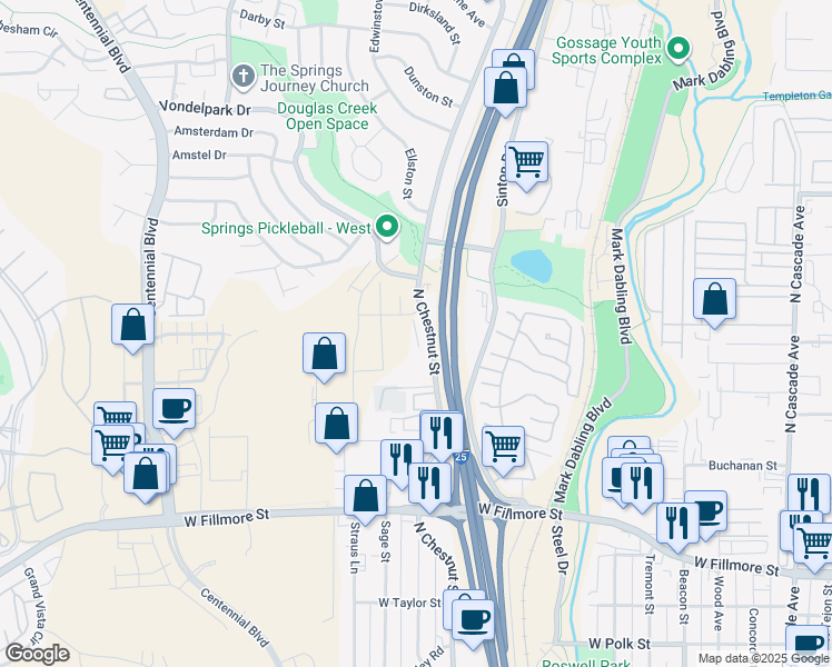 map of restaurants, bars, coffee shops, grocery stores, and more near 3350 North Chestnut Street in Colorado Springs