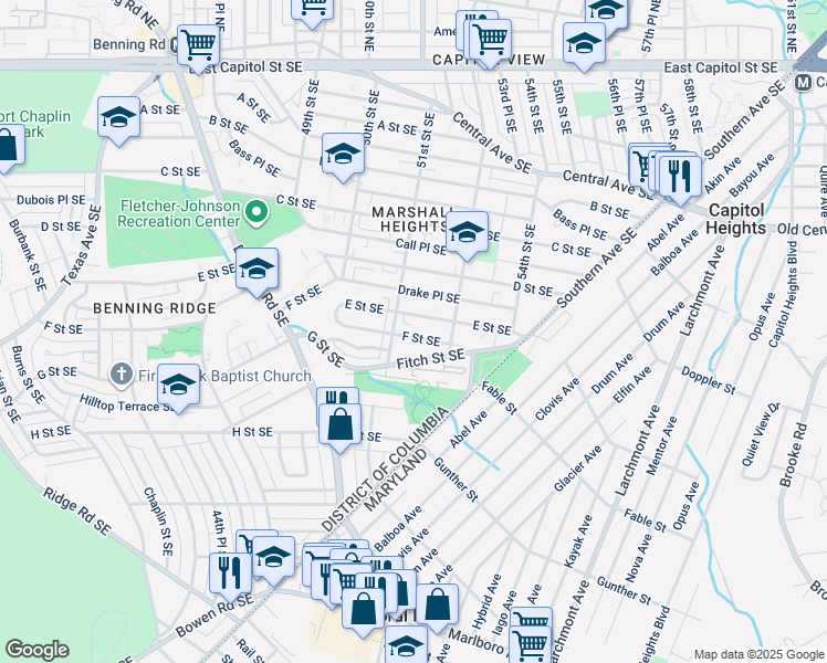 map of restaurants, bars, coffee shops, grocery stores, and more near 5106 F Street Southeast in Washington