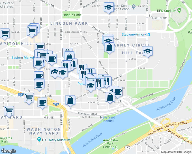 map of restaurants, bars, coffee shops, grocery stores, and more near 101 Independence Avenue Southeast in Washington
