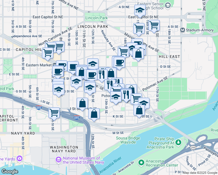 map of restaurants, bars, coffee shops, grocery stores, and more near 101 Independence Avenue Southeast in Washington