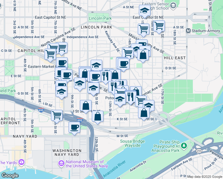 map of restaurants, bars, coffee shops, grocery stores, and more near 101 Independence Avenue Southeast in Washington