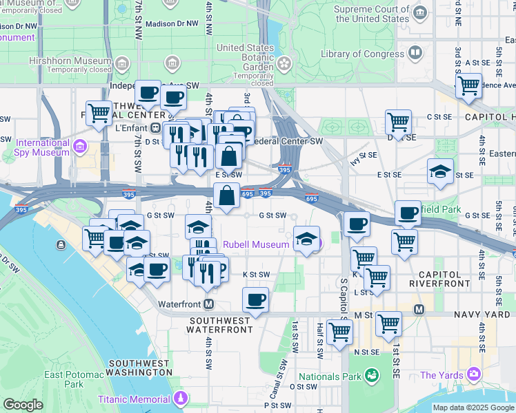 map of restaurants, bars, coffee shops, grocery stores, and more near 101 Independence Avenue Southeast in Washington