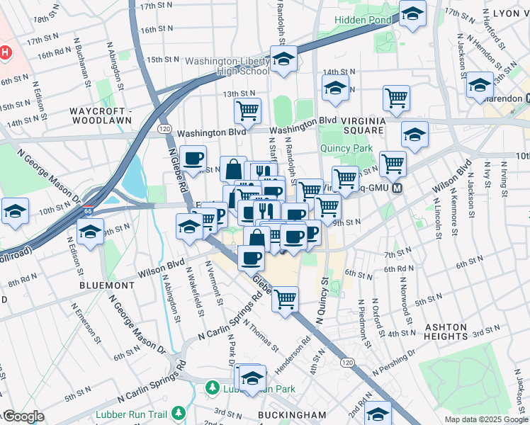map of restaurants, bars, coffee shops, grocery stores, and more near 901 North Stuart Street in Arlington
