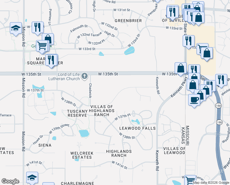 map of restaurants, bars, coffee shops, grocery stores, and more near 2842 West 137th Terrace in Overland Park
