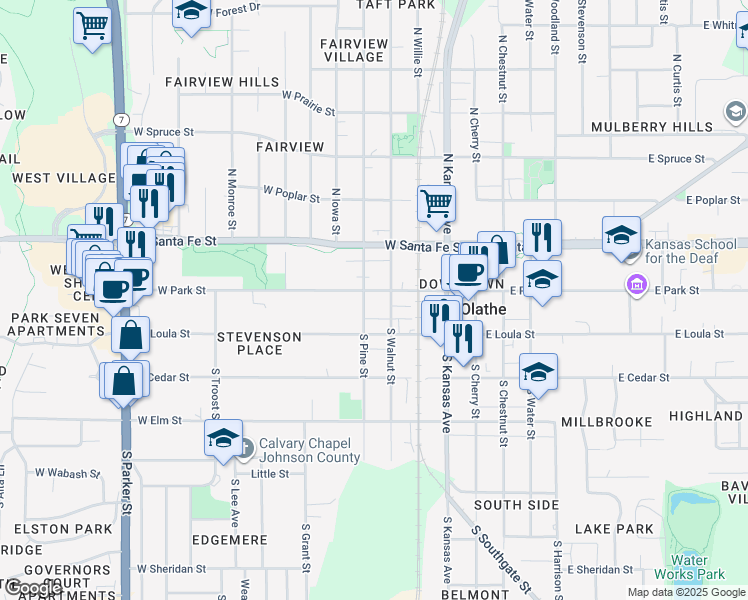 map of restaurants, bars, coffee shops, grocery stores, and more near 116 South Pine Street in Olathe