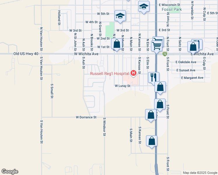 map of restaurants, bars, coffee shops, grocery stores, and more near 401-499 South Windsor Street in Russell