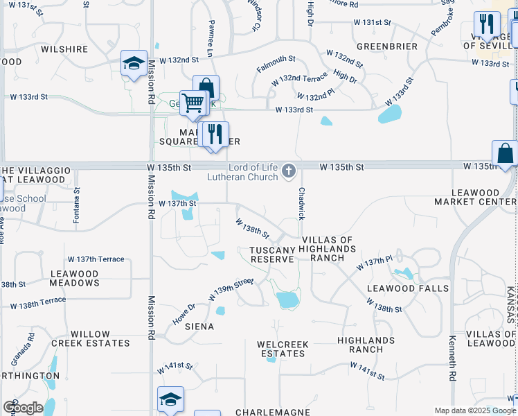 map of restaurants, bars, coffee shops, grocery stores, and more near 3402 West 138th Street in Overland Park