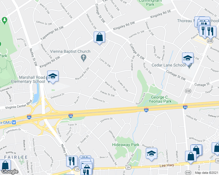 map of restaurants, bars, coffee shops, grocery stores, and more near 1109 Ware Street Southwest in Vienna