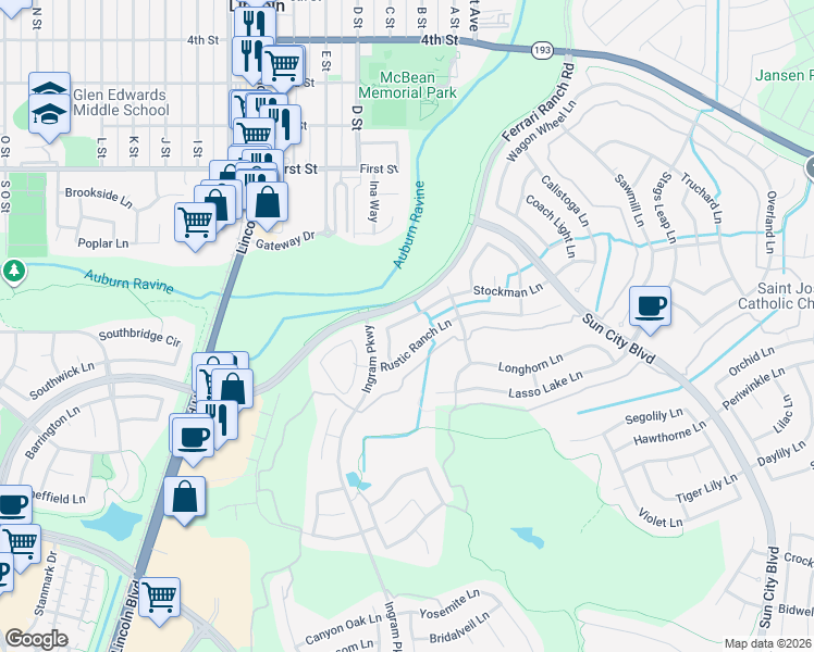 map of restaurants, bars, coffee shops, grocery stores, and more near 525 Stockman Lane in Lincoln