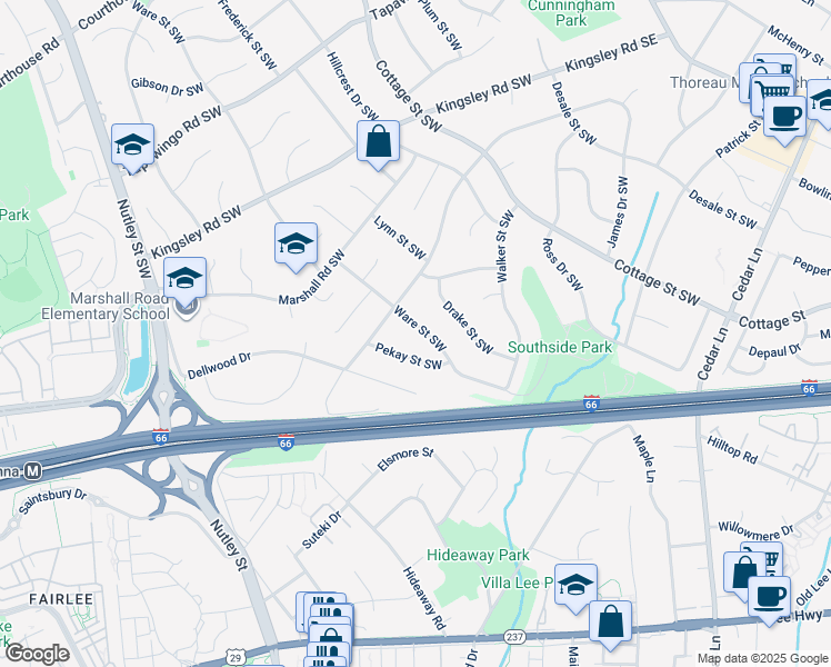 map of restaurants, bars, coffee shops, grocery stores, and more near 1109 Ware Street Southwest in Vienna