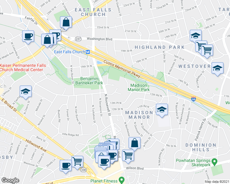map of restaurants, bars, coffee shops, grocery stores, and more near 15th Road North in Arlington