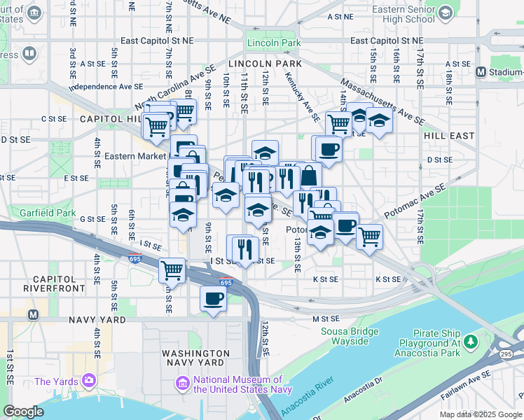 map of restaurants, bars, coffee shops, grocery stores, and more near 519 12th Street Southeast in Washington