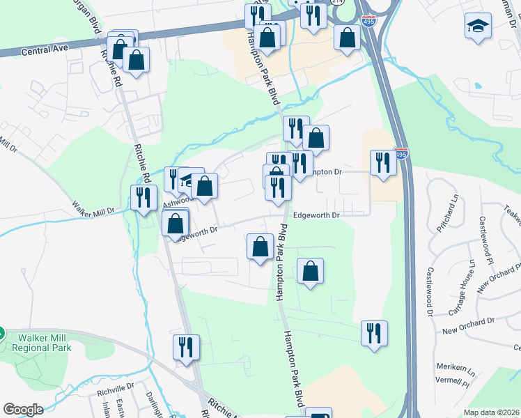 map of restaurants, bars, coffee shops, grocery stores, and more near 8720 Edgeworth Drive in Capitol Heights