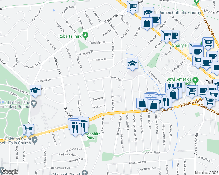 map of restaurants, bars, coffee shops, grocery stores, and more near 407 Jackson Street in Falls Church