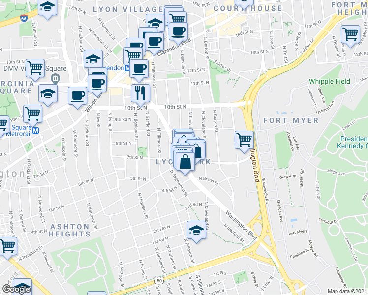 map of restaurants, bars, coffee shops, grocery stores, and more near 711 North Daniel Street in Arlington
