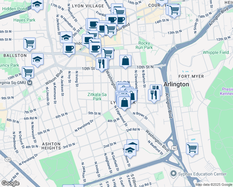 map of restaurants, bars, coffee shops, grocery stores, and more near 2778 Washington Boulevard in Arlington
