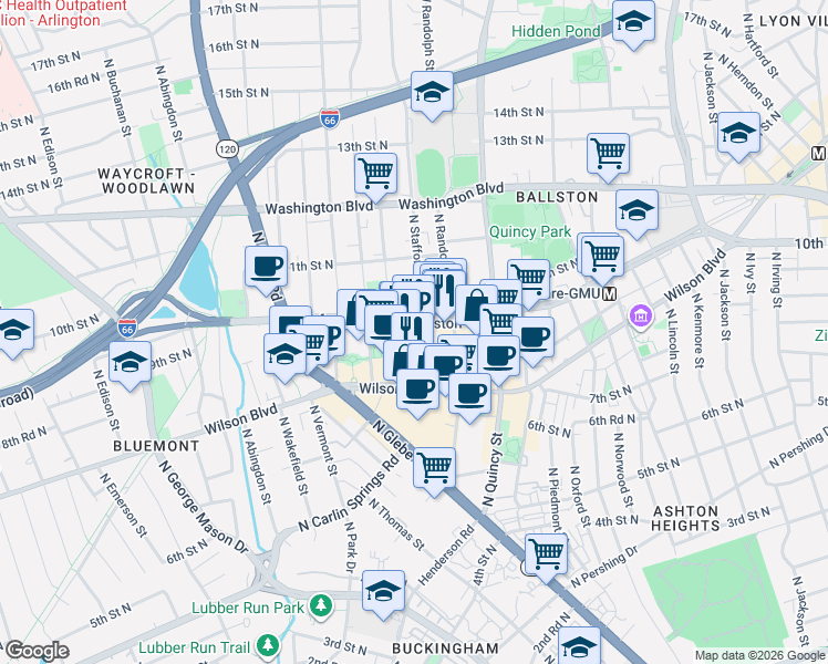 map of restaurants, bars, coffee shops, grocery stores, and more near 900 North Stafford Street in Arlington