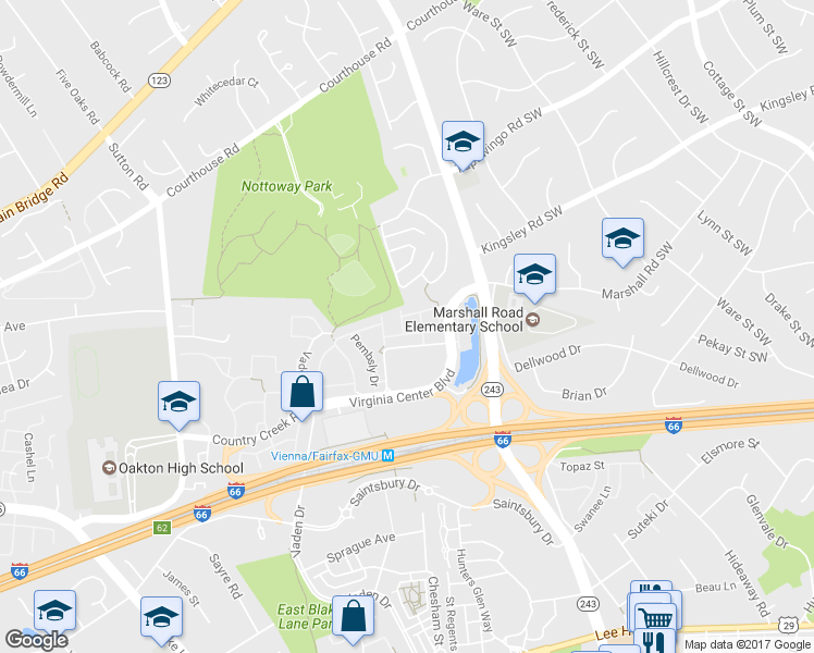 map of restaurants, bars, coffee shops, grocery stores, and more near 2715 Earls Court in Vienna