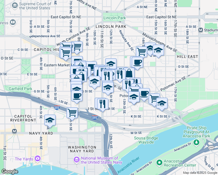 map of restaurants, bars, coffee shops, grocery stores, and more near 101 Independence Avenue Southeast in Washington