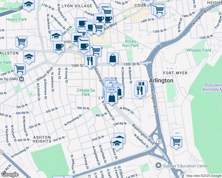 map of restaurants, bars, coffee shops, grocery stores, and more near 711 North Daniel Street in Arlington