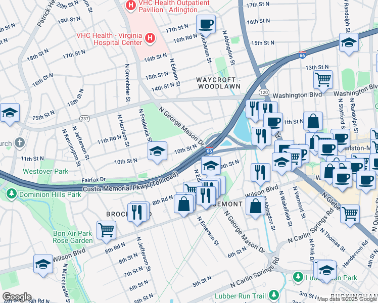 map of restaurants, bars, coffee shops, grocery stores, and more near 5010 10th Street North in Arlington