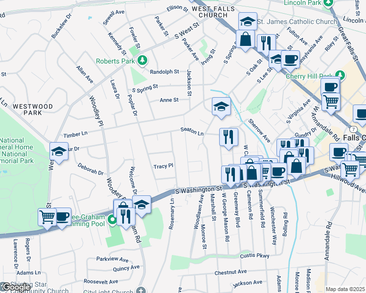 map of restaurants, bars, coffee shops, grocery stores, and more near 407 Jackson Street in Falls Church