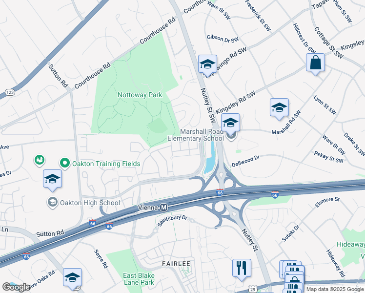 map of restaurants, bars, coffee shops, grocery stores, and more near 2715 Earls Court in Vienna