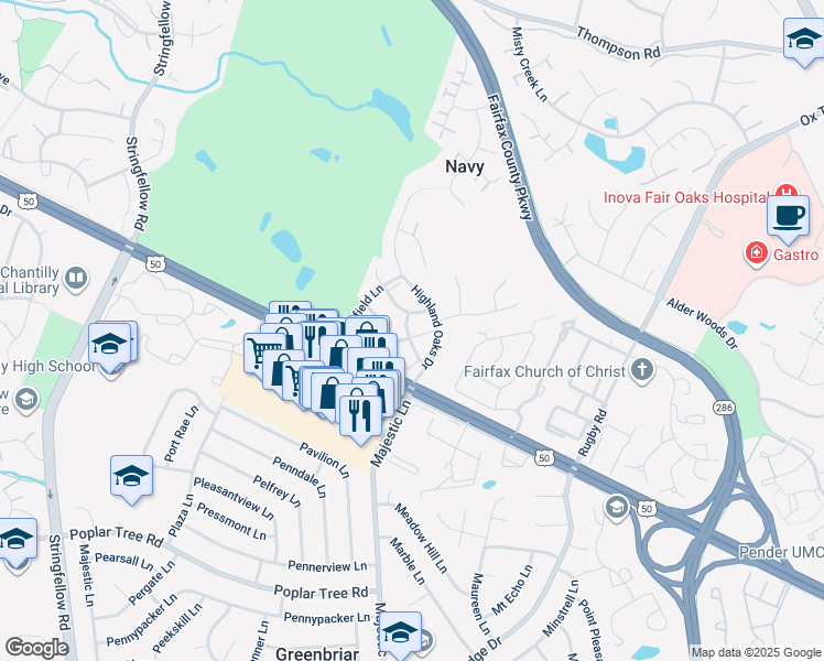 map of restaurants, bars, coffee shops, grocery stores, and more near 4023 Royal Lytham Drive in Fairfax