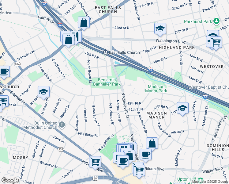 map of restaurants, bars, coffee shops, grocery stores, and more near 6503 16th Street North in Arlington