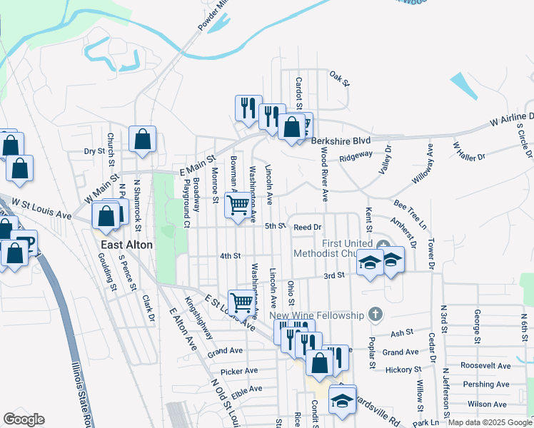 map of restaurants, bars, coffee shops, grocery stores, and more near 515 Lincoln Avenue in East Alton
