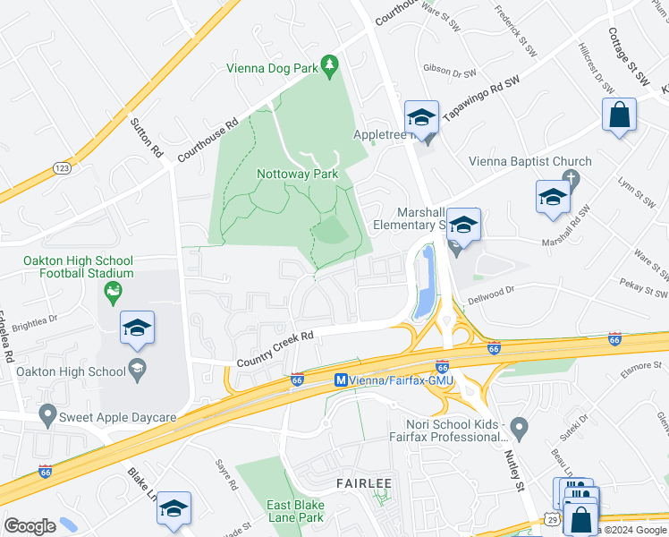 map of restaurants, bars, coffee shops, grocery stores, and more near 9418 Colonade Drive in Vienna