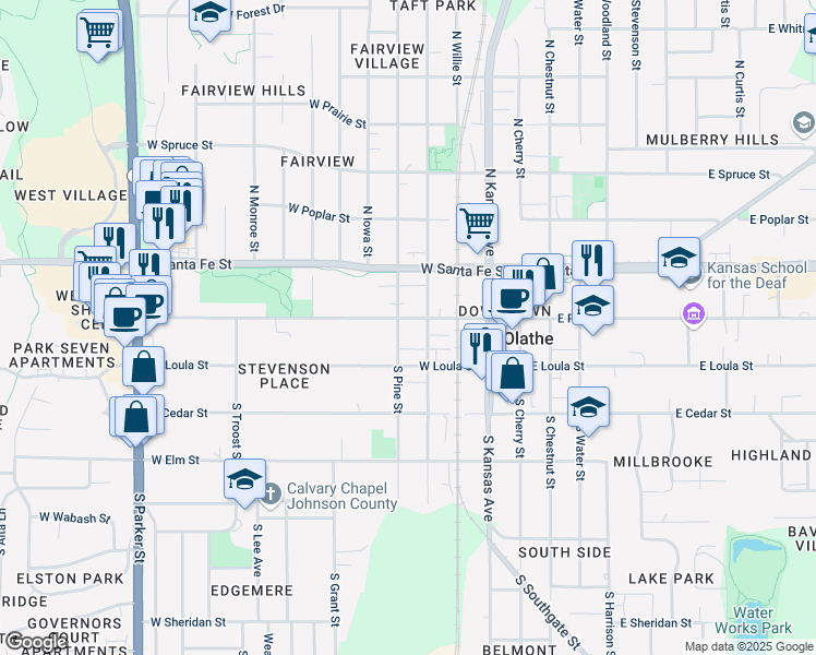 map of restaurants, bars, coffee shops, grocery stores, and more near 116 South Pine Street in Olathe