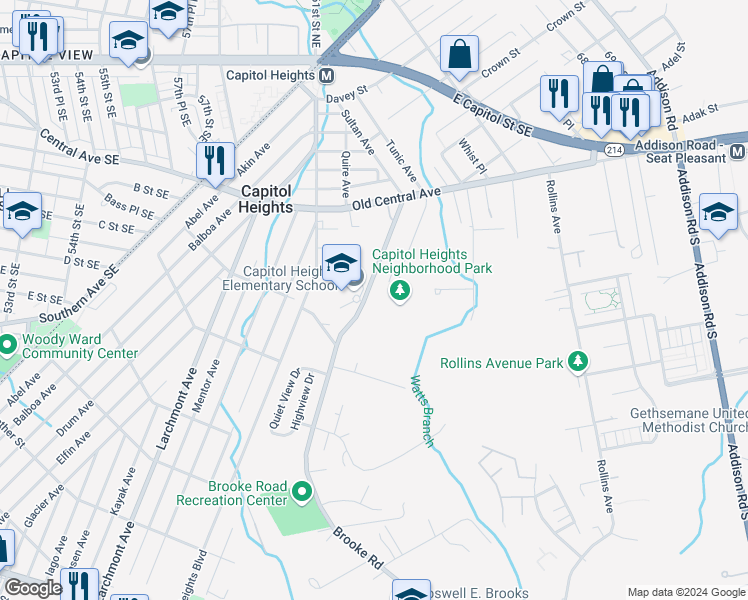 map of restaurants, bars, coffee shops, grocery stores, and more near 614 Suffolk Avenue in Capitol Heights