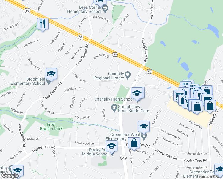 map of restaurants, bars, coffee shops, grocery stores, and more near 13382 Brookfield Court in Chantilly