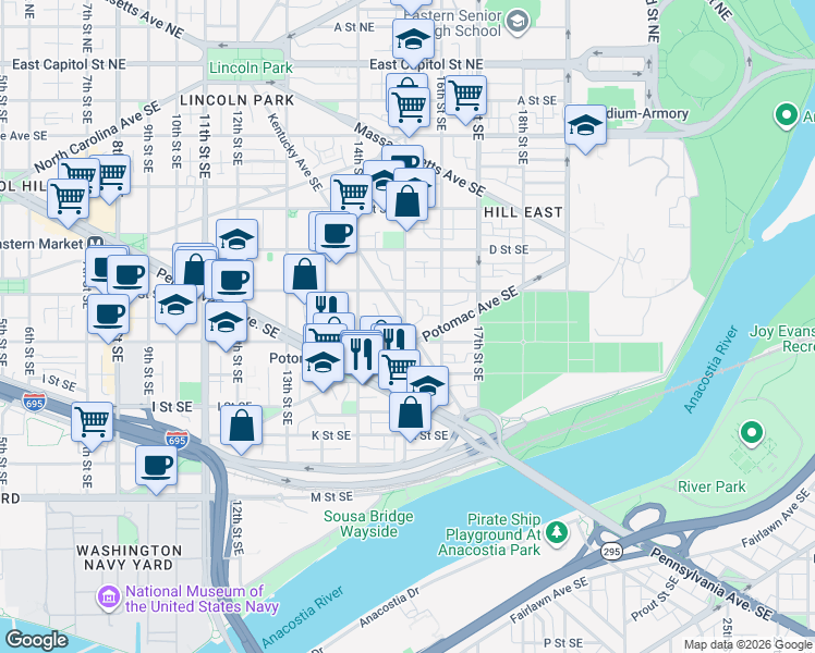 map of restaurants, bars, coffee shops, grocery stores, and more near 604 Kentucky Avenue Southeast in Washington