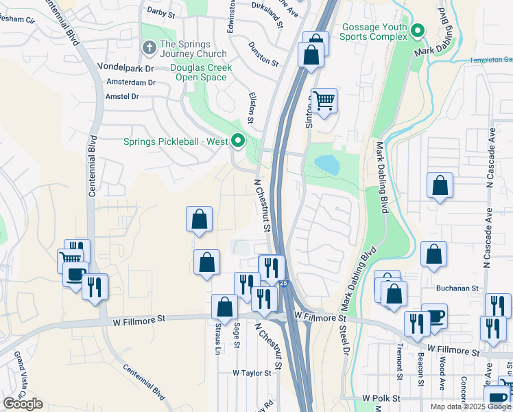 map of restaurants, bars, coffee shops, grocery stores, and more near 3350 North Chestnut Street in Colorado Springs