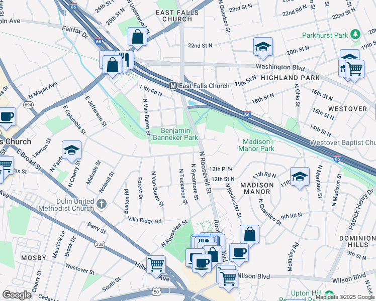 map of restaurants, bars, coffee shops, grocery stores, and more near 6503 16th Street North in Arlington