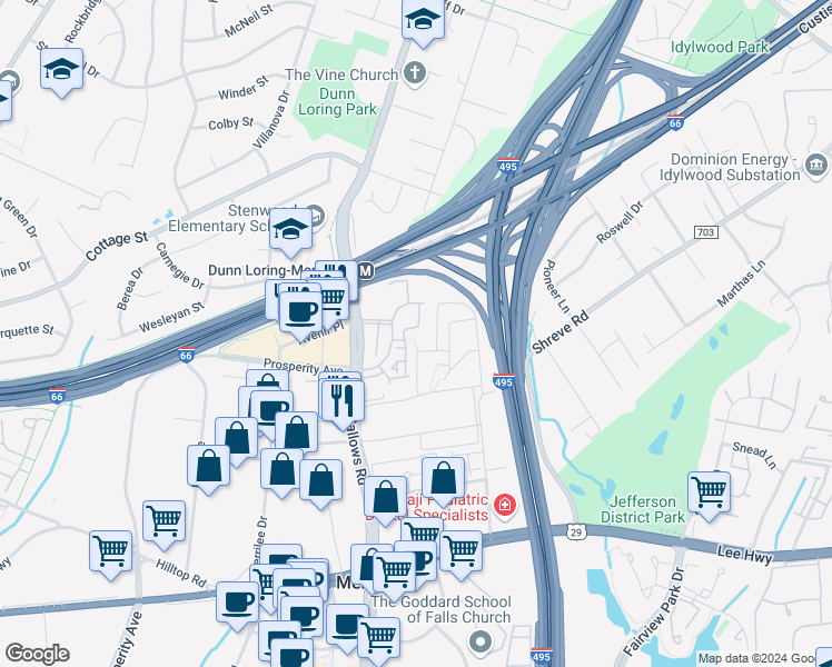 map of restaurants, bars, coffee shops, grocery stores, and more near 2665 Manhattan Place in Vienna