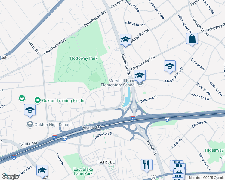 map of restaurants, bars, coffee shops, grocery stores, and more near 2706 Curzon Court in Vienna