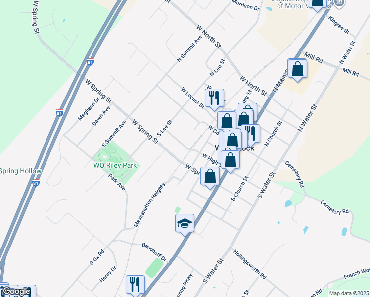 map of restaurants, bars, coffee shops, grocery stores, and more near 401 West High Street in Woodstock