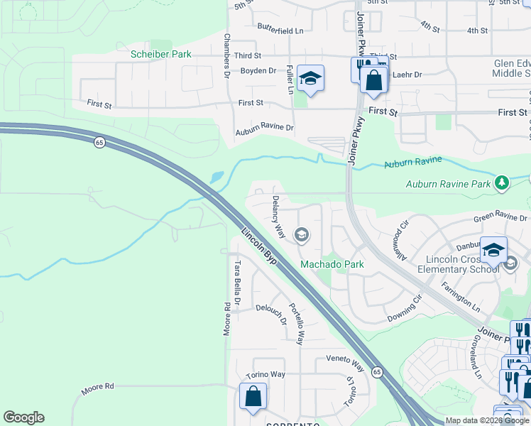 map of restaurants, bars, coffee shops, grocery stores, and more near 570 Delancy Way in Lincoln