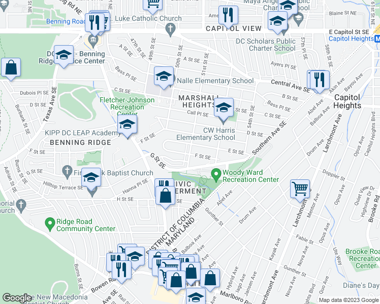 map of restaurants, bars, coffee shops, grocery stores, and more near 5100 F Street Southeast in Washington