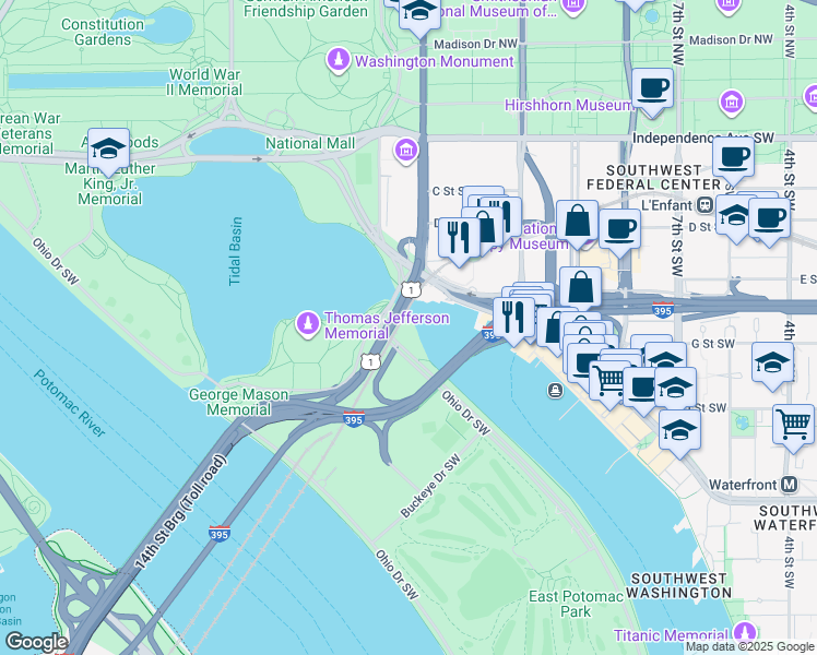 map of restaurants, bars, coffee shops, grocery stores, and more near 900 Ohio Drive Southwest in Washington