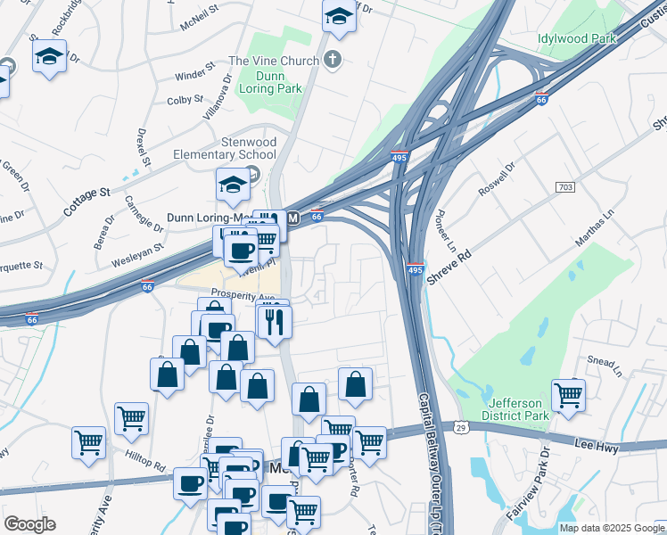 map of restaurants, bars, coffee shops, grocery stores, and more near 2665 Manhattan Place in Vienna