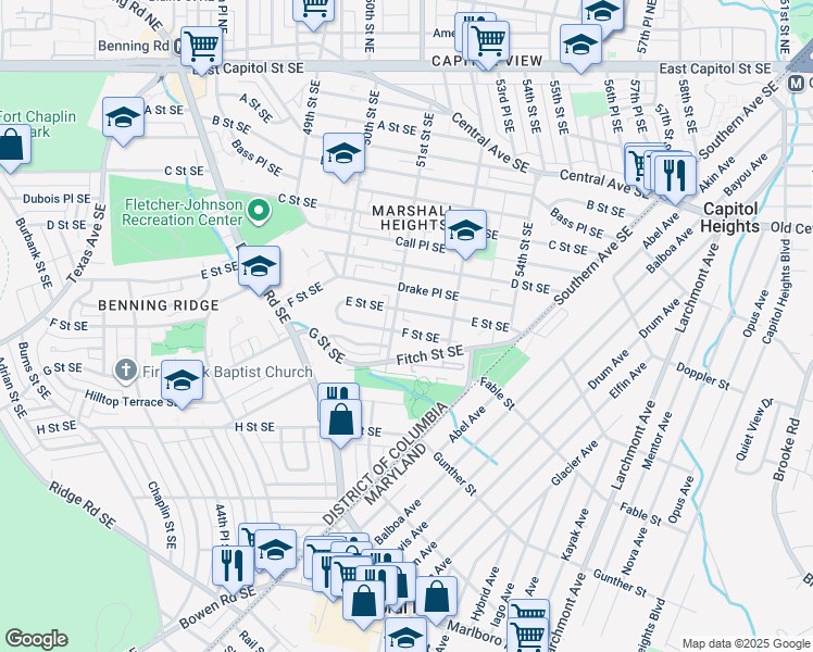 map of restaurants, bars, coffee shops, grocery stores, and more near 5100 F Street Southeast in Washington
