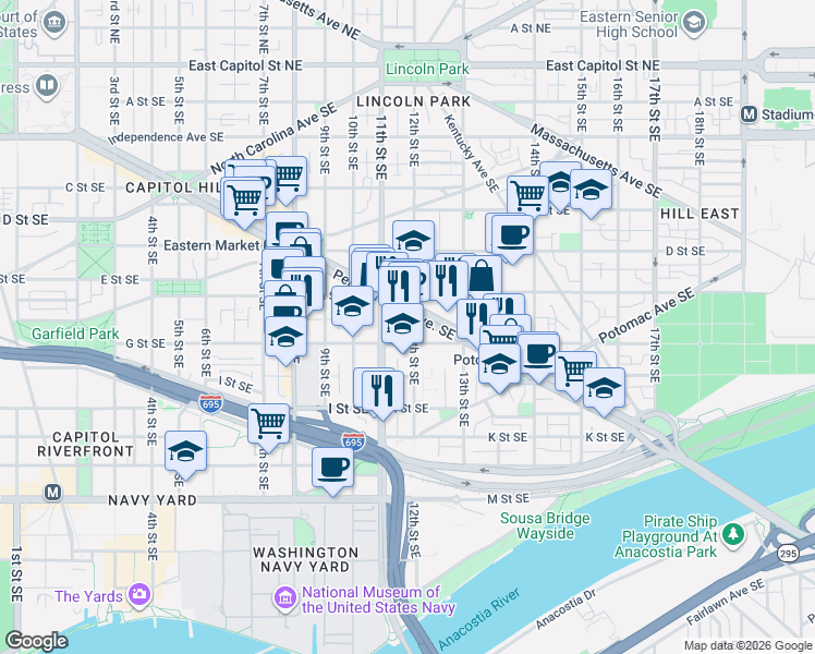 map of restaurants, bars, coffee shops, grocery stores, and more near 101 Independence Avenue Southeast in Washington